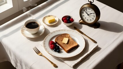 concept of intermittent fasting. breakfast made at the hour indicated by the clock to break the fast.