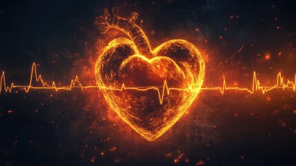 A glowing heart shape with an electrocardiogram line pulsating rhythmically in a dark background representing life and vitality.