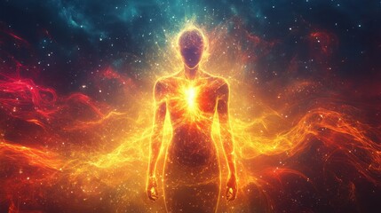 Obraz premium A glowing human figure with radiant energy waves emanating from their heart, surrounded by an aura of vibrant colors and soft light, symbolizing spiritual awakening or enlightenment