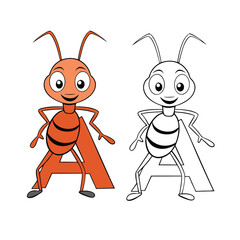 A cute, little happy ant with a big smile, carrying the letter 