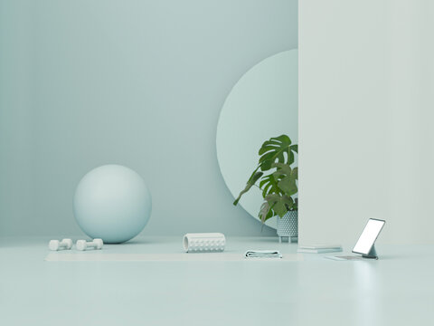 Sport fitness equipment, yoga mat, Kettlebell, dumbbells,plant pot, laptop on pastel blue green background. Trendy 3d render for fitness, lifting in the gym, gym at home.	
