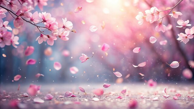Delicate pink sakura petals falling gently down a serene winter background with soft focus and warm lighting, delicate petals, fall leaves