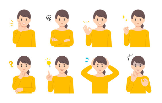 いろいろな表情やポーズをする若い女性のセット【人物ベクターイラスト素材】