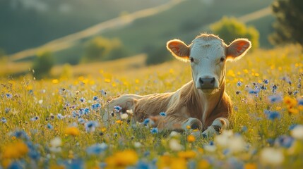 Naklejka premium Calf resting in a colorful meadow at sunset.