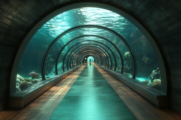 A serene underwater tunnel showcasing marine life through a glass structure.