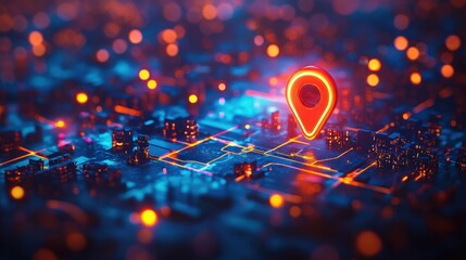 Neon City Map with Location Pin and Digital Navigation Technology