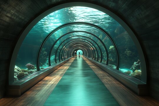 Fototapeta A serene underwater tunnel showcasing marine life through a glass structure.