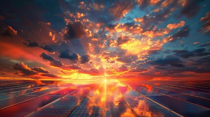 A wide field of solar panels illuminated by a beautiful sunset, AI generated image