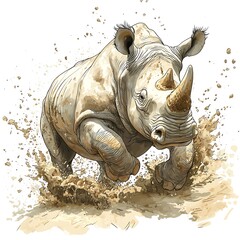 Fototapeta premium Powerful Rhinoceros Charging Through Mud, Dynamic Wildlife Illustration.