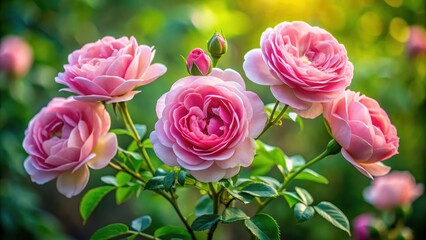 Delicate rose petals unfolding from a central stem amidst lush green foliage and subtle natural textures, showcasing six beautiful pink flowers in full bloom , nature photography, flower stems