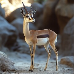 Majestic Arabian gazelle standing gracefully in a rocky desert landscape.