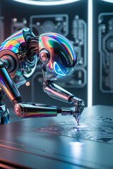 Design robotic with vibrant color of robot is sewing activity on the court on futuristic background. 1