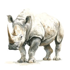Fototapeta premium Watercolor Painting of a White Rhinoceros Standing on a White Background.