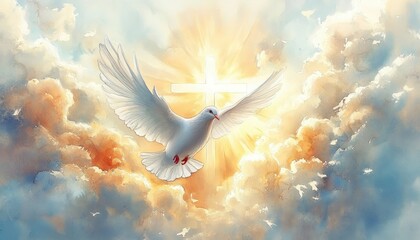 Watercolor Dove Flying Through Clouds with Radiant Cross and Sunlight for Whit Monday Celebration