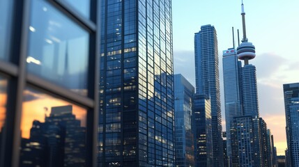 Fototapeta premium A close-up view of sleek business skyscrapers in Financial District. The glass windows of the towering buildings reflect the skyline, creating a modern and vibrant atmosphere.