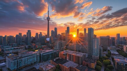 Obraz premium Business skyscrapers rise high in Financial District as the sun sets, casting a golden glow over the glass towers. The vibrant skyline reflects Toronto's position as a global financial hub.