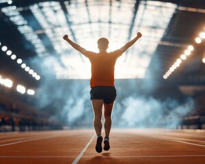 Victorious athlete celebrating win on track.