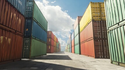 Fototapeta premium A row of colorful shipping containers are stacked in a warehouse