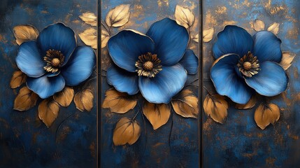 Modern Abstract Triptych Wall Art Featuring Blue Flowers and Gold Leaves