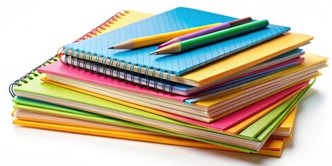 A stack of colorful papers with pens and pencils arranged artfully on top, stationery