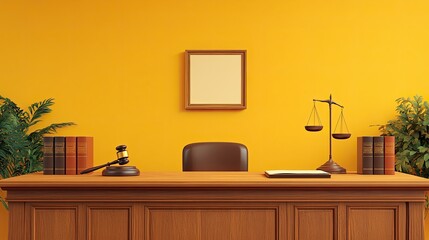 Judge's wooden desk in yellow room.