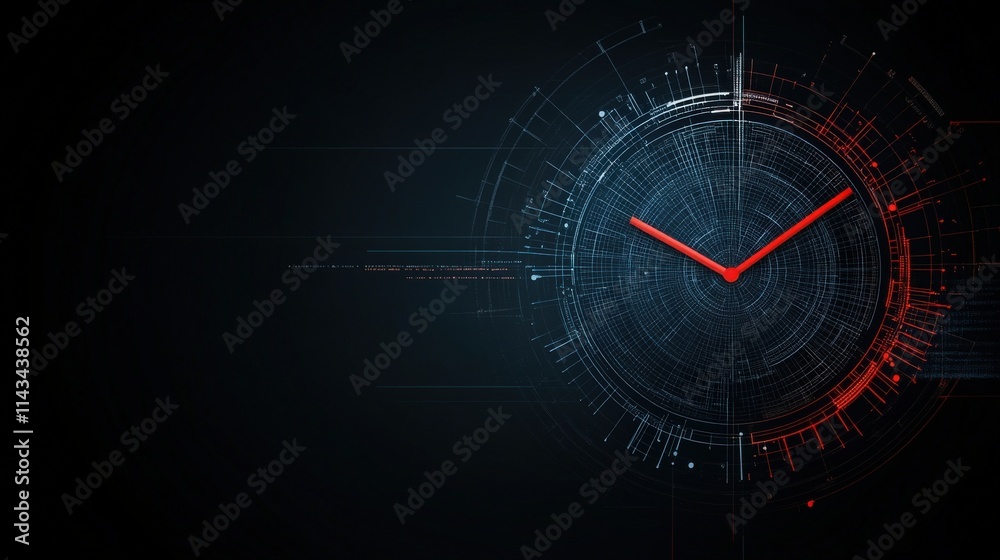 Poster digital clock concept with red accents and abstract background illustrating time and technology in a