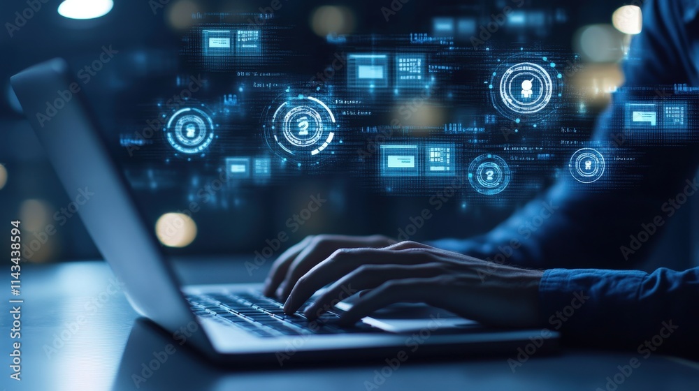 Poster Futuristic Digital Interface Concept with User Interacting on Laptop in Dimly Lit Environment, Showcasing Technology and Data Visualization Trends in Modern Workspace