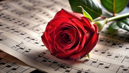 A single red rose is placed among a symphony of musical notes on a dark background , music, classical,  music, classical
