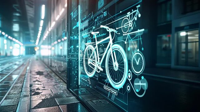 Futuristic transparent display showing bicycle sharing system with holographic interface in empty subway station, showcasing innovative urban mobility solutions