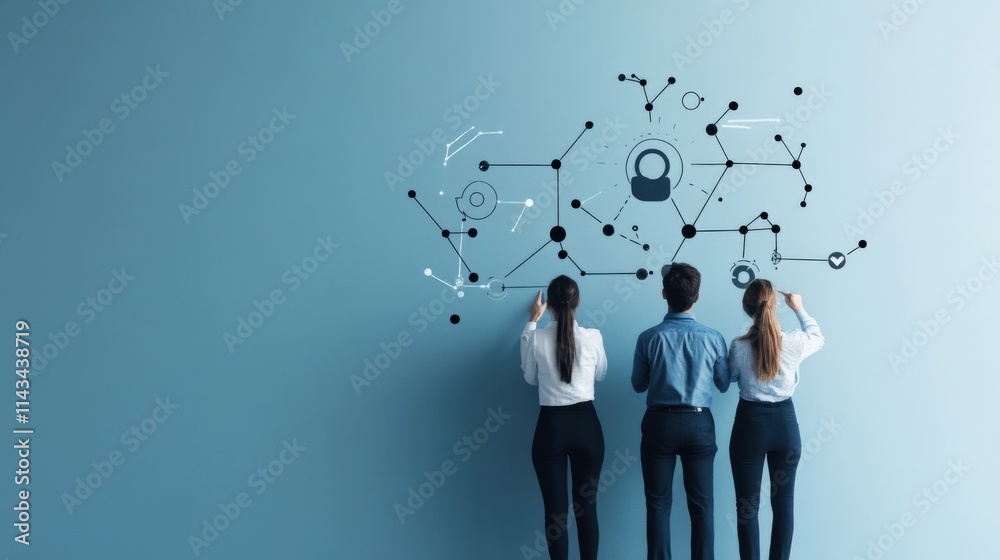 Poster group of business professionals analyzing digital data and connections on a wall, depicting modern t