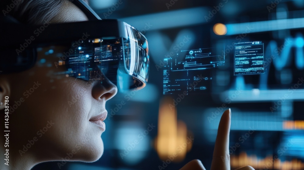 Poster woman using augmented reality glasses to interact with digital interface, engaged in high-tech virtu