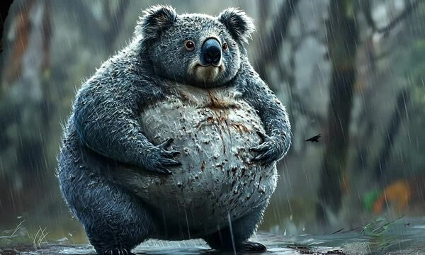 A chubby koala stands in the rain, showcasing its fluffy fur and expressive features.