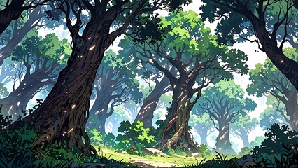 Fototapeta premium A vibrant forest scene with lush greenery and dappled sunlight filtering through the trees.
