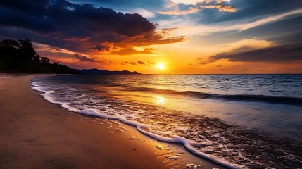 Obraz premium Tropical Sunset Beach Scene. Beautiful Tropical Sunset over Ocean. Vacation, Relaxation, Travel.