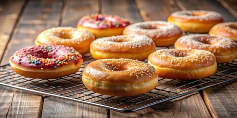 Freshly baked donuts on a wire rack, warm and inviting, sprinkled, tasty,  sprinkled, tasty, satisfied, fried, dessert