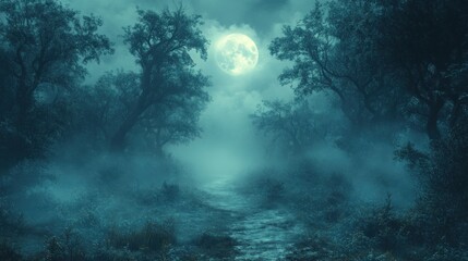 Fototapeta premium Moonlit foggy path through eerie forest.