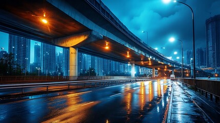 Urban Highway Underpass at Night. Cityscape, Modern Architecture, Transportation