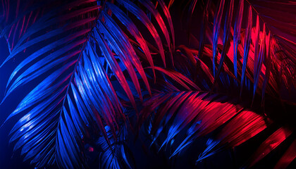 Fototapeta premium Tropical dark trend jungle in neon illuminated lighting. Exotic palms and plants in retro style.
