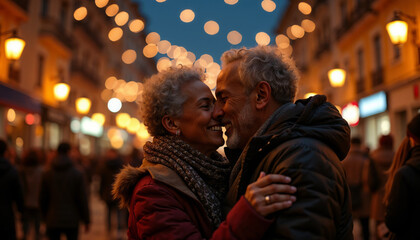 Obraz premium Elderly couple hugging and smiling on the street in the evening with blurred festive lights in the background.Romantic holiday, anniversary celebration, event poster, cozy atmosphere, outdoor festivit