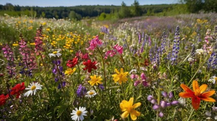 Obraz premium renewal nature background, Field of colorful wildflowers against an outdoor backdrop 