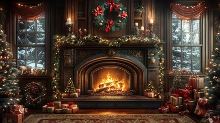 A beautifully decorated living room with a litfireplace chrismas theme christmas fireplace design holiday celebration decoration