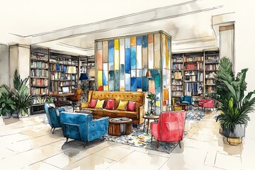 Watercolor Sketch of a Modern Library Lounge with Colorful Accents and Comfortable Seating.