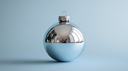 Silver ball ornament on blue background.