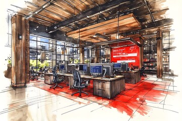 Watercolor Sketch of a Modern Open-Plan Office with Exposed Wooden Beams and Red Floor.