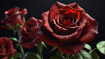 Deep Red Rose, Glistening with Fresh Dew, Placed Against a Dark Setting, Evoking Romance and Passion.