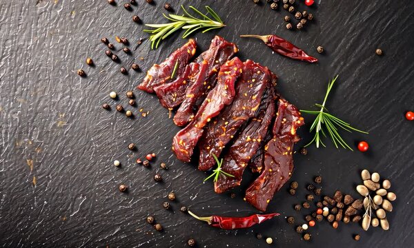 Sliced jerky with herbs and spices on dark surface