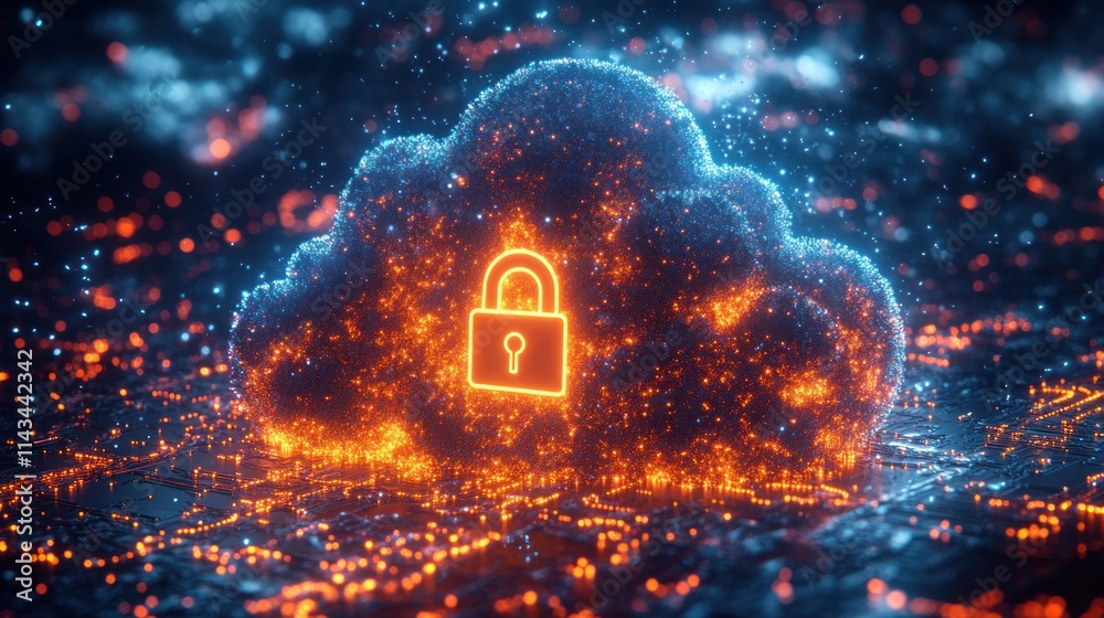 Poster Cloud Security Data Protection and Cybersecurity Services in Computing Environments with Secure Padlock Symbol and Digital Cloud
