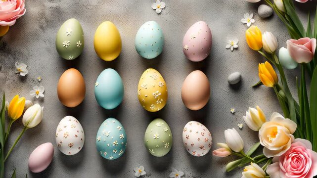 Happy easter day with painted eggs and spring flowers on gray concrete background. Holiday greeting card, flat lay