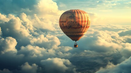 Obraz premium Hot air balloon above clouds at sunrise. Concept of freedom, adventure, and travel.