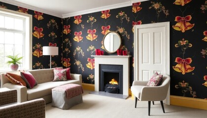 Sleigh Bells Living Room Wallpaper with jingle bell patterns. The skirting boards are painted in gold.